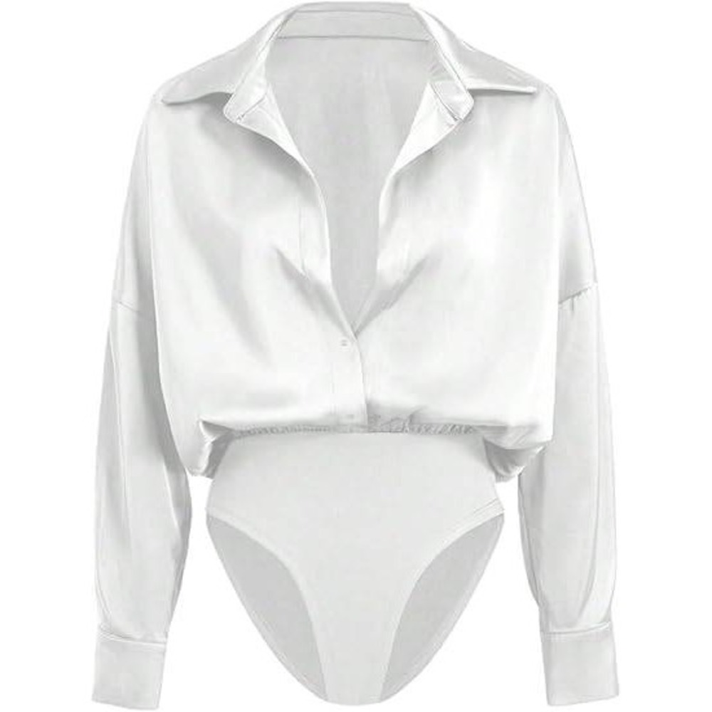 MSRP $39 GORGLITTER Women's S White Deep V Neck Long Sleeve Shirts Bodysuit